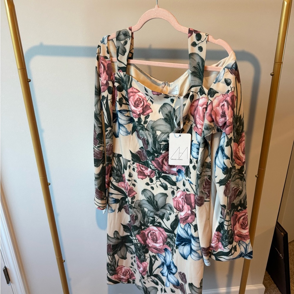 Mikael Aghal Cream Dress with Pink Rose and Green Leaf Print